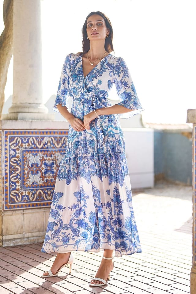 Yumi Yumi Women's Blue Paisley Wrap Midi Dress With 3/4 Sleeves - 2