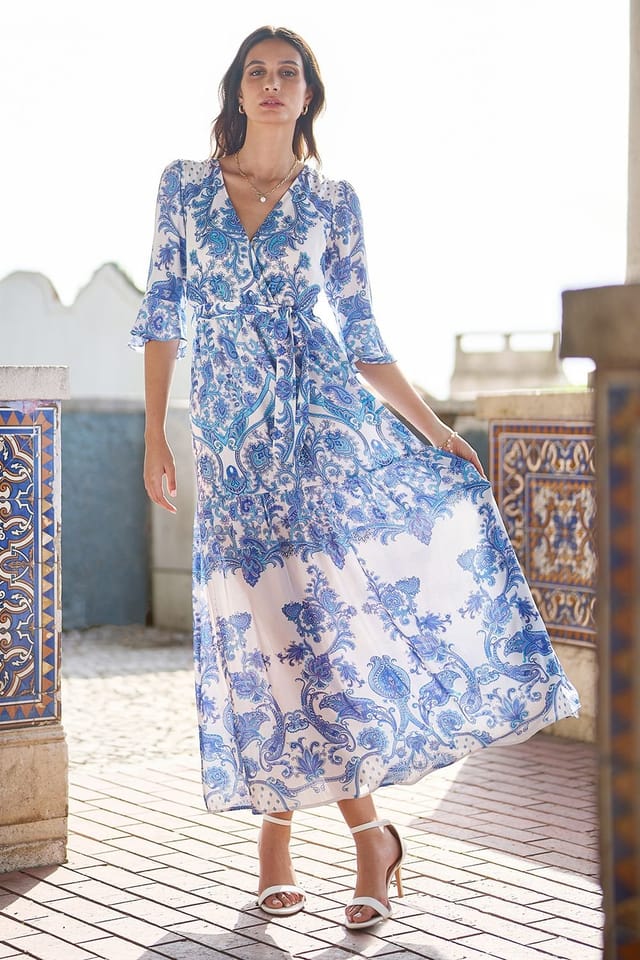 Yumi Yumi Women's Blue Paisley Wrap Midi Dress With 3/4 Sleeves - 3