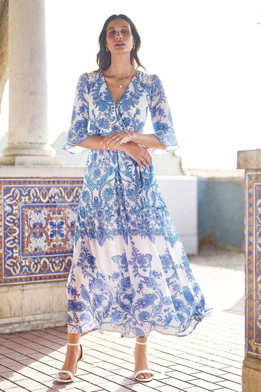 Yumi Yumi Women's Blue Paisley Wrap Midi Dress With 3/4 Sleeves - 4