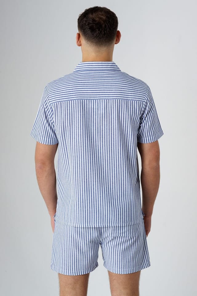 Influence Influence Men's Cotton Striped Chest Pocket Short Sleeve Button Shirt in Navy - 2