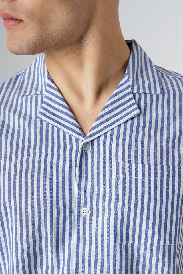 Influence Influence Men's Cotton Striped Chest Pocket Short Sleeve Button Shirt in Navy - 3