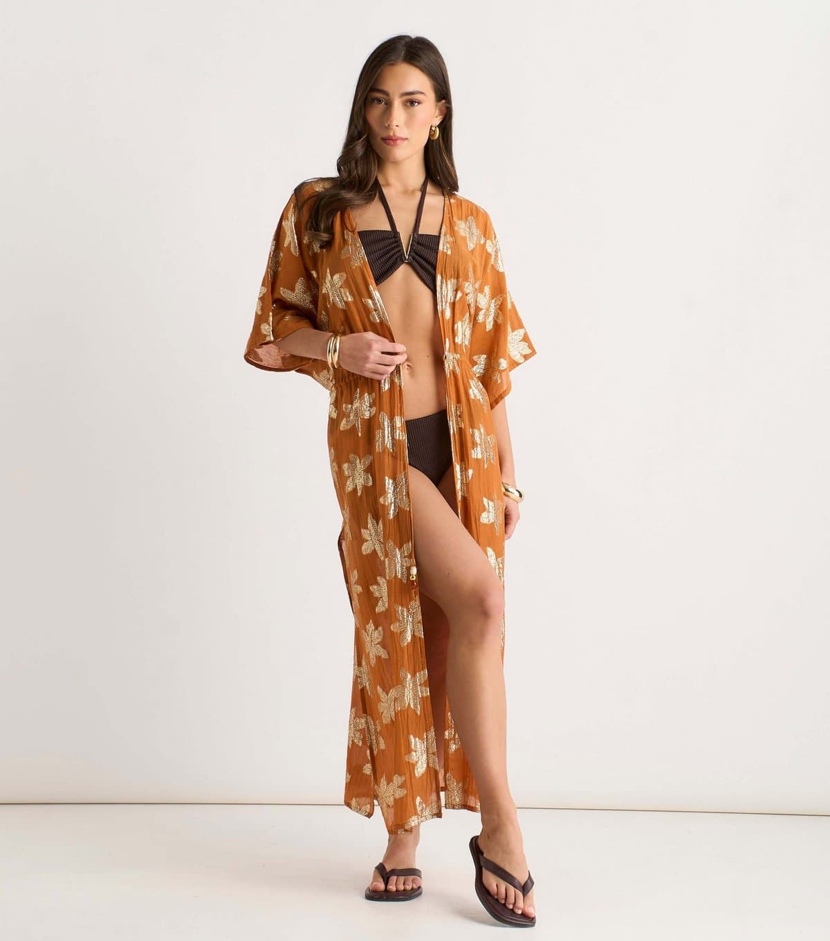 Gini London Women's Orange Floral Lurex Tie Front Kimono Beach Cover Up Gini London New Look