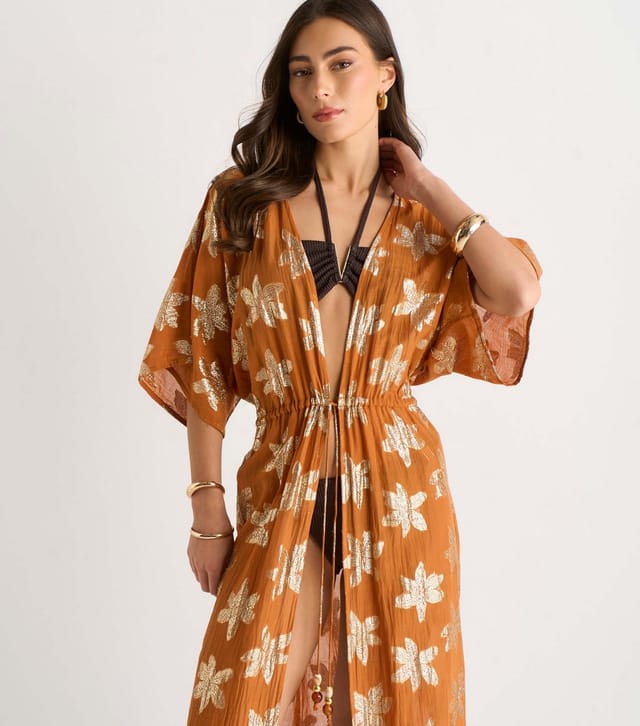Gini London Women's Orange Floral Lurex Tie Front Kimono Beach Cover Up Gini London New Look - 2