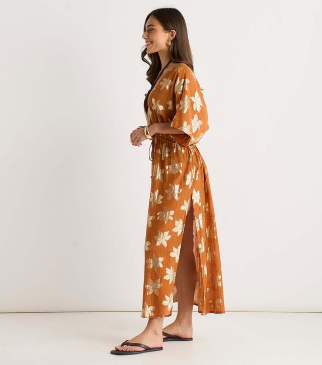 Gini London Women's Orange Floral Lurex Tie Front Kimono Beach Cover Up Gini London New Look - 3