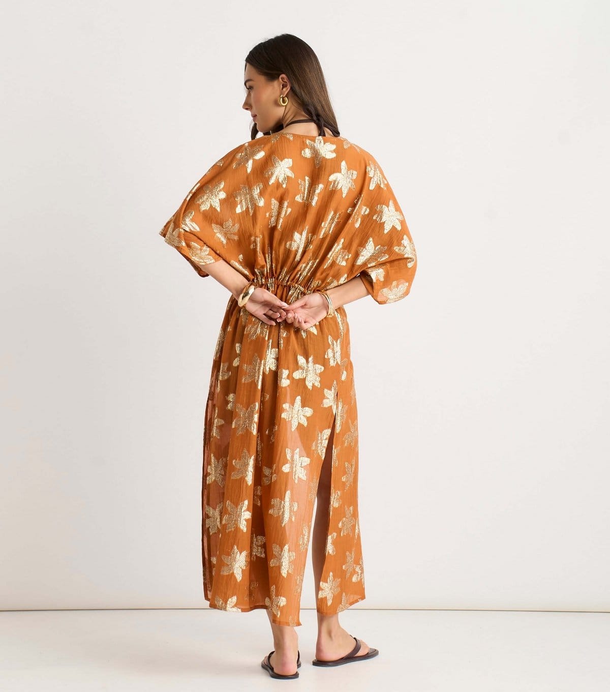 Gini London Women's Orange Floral Lurex Tie Front Kimono Beach Cover Up Gini London New Look - 4