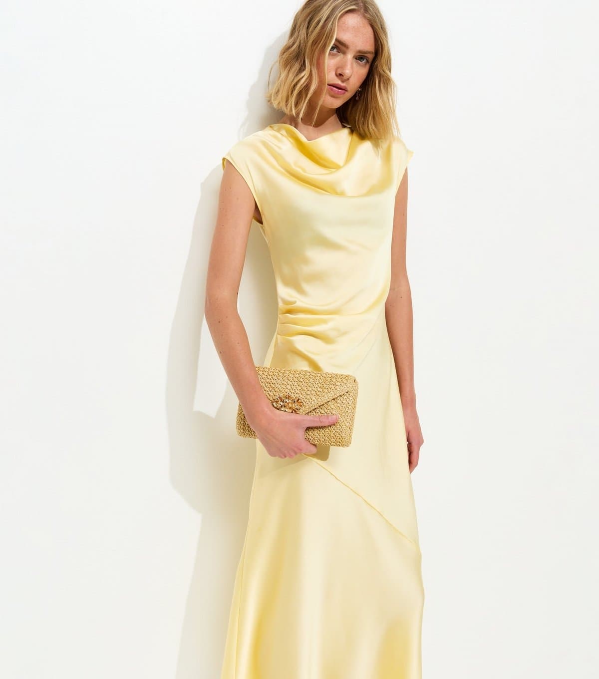 New Look Women's Yellow Relaxed Satin Cowl Neck Midi Dress New Look