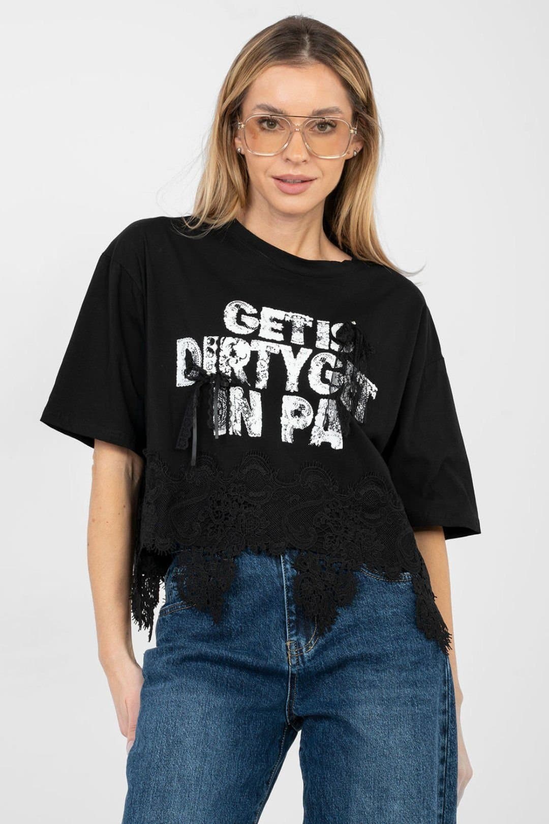 Love Lace Love Lace Women's Cotton Elastane Blouse With Lace & Zirkons in Black