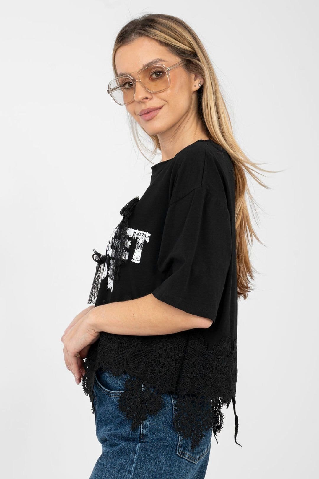 Love Lace Love Lace Women's Cotton Elastane Blouse With Lace & Zirkons in Black - 4
