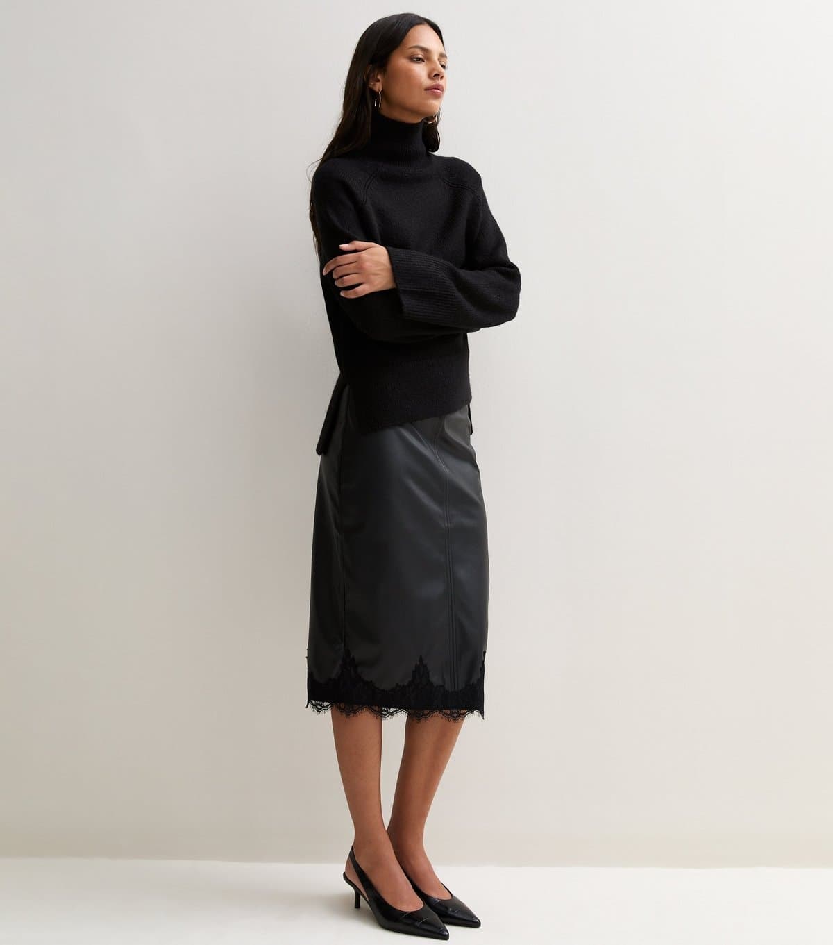 New Look Women's Black Faux Leather Lace Trim Pencil Midi Skirt New Look