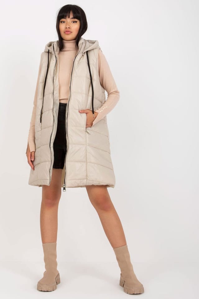 Love Lace Love Lace Women's Quilted Down Vest Detachable Hood Extended in Beige - 2