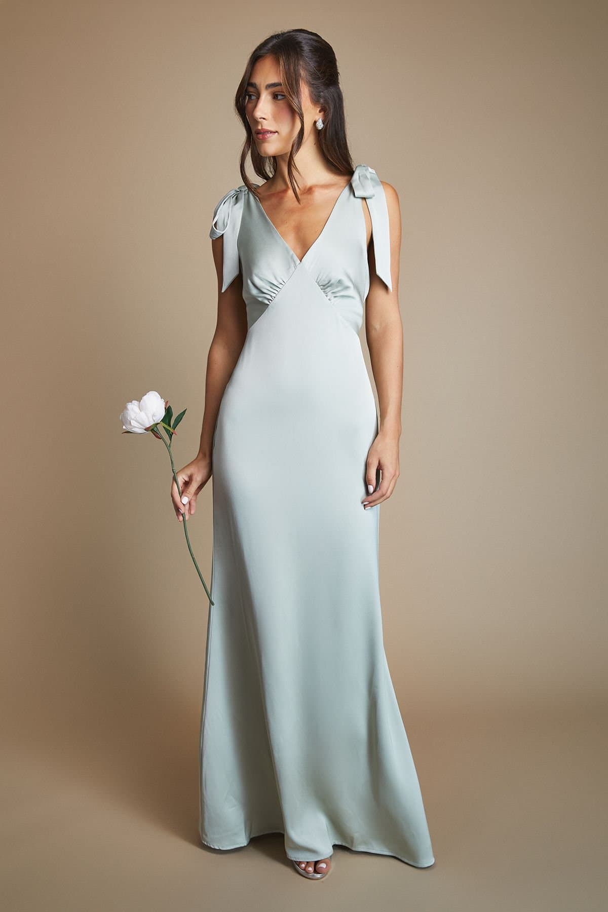 Coast Coast Women's Honoured Satin Back Crepe V Neck Tie Shoulder Maxi Bridesmaid Dress in Sage