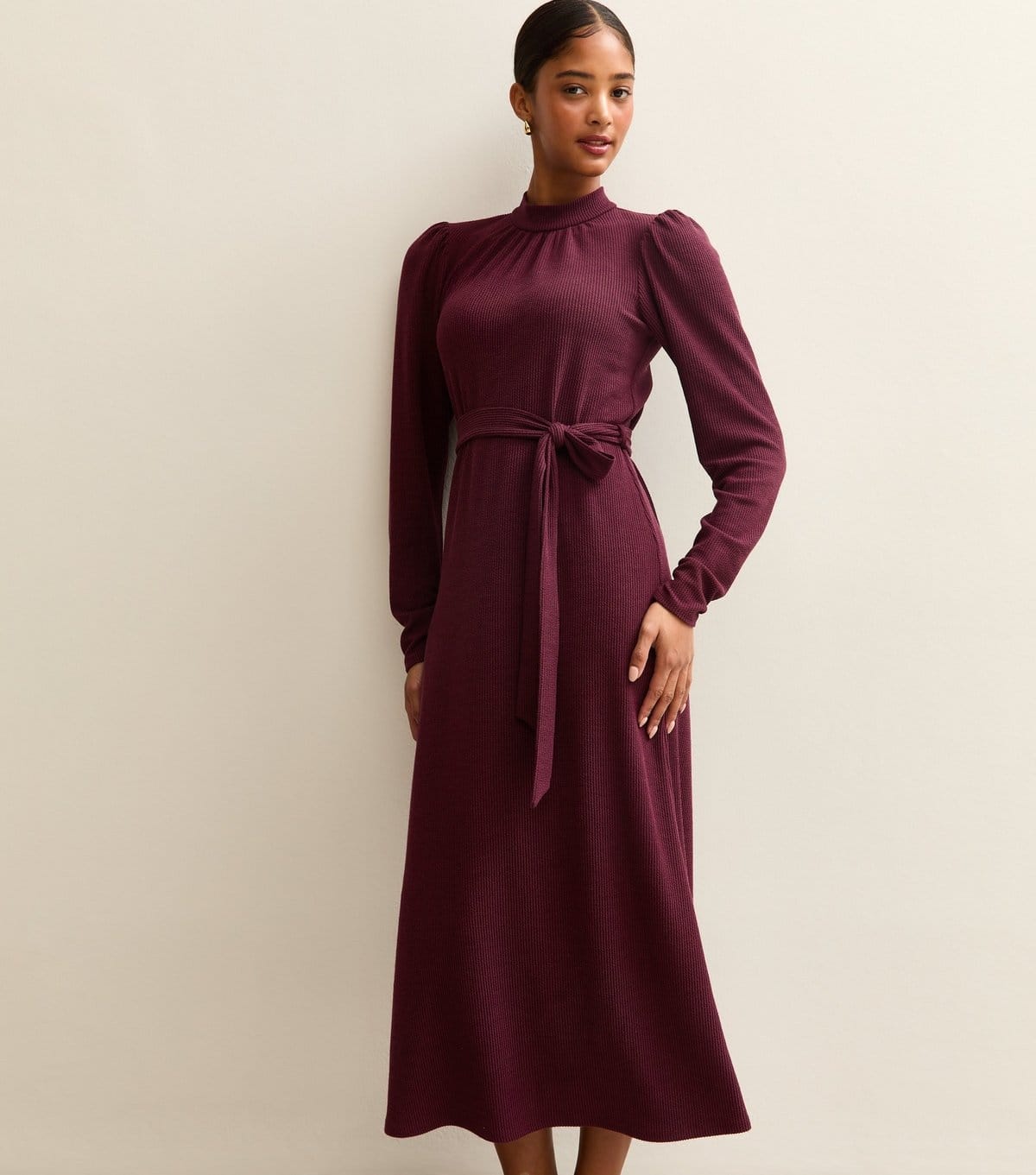 New Look Dark Burgundy Crinkled High Neck Midi Dress