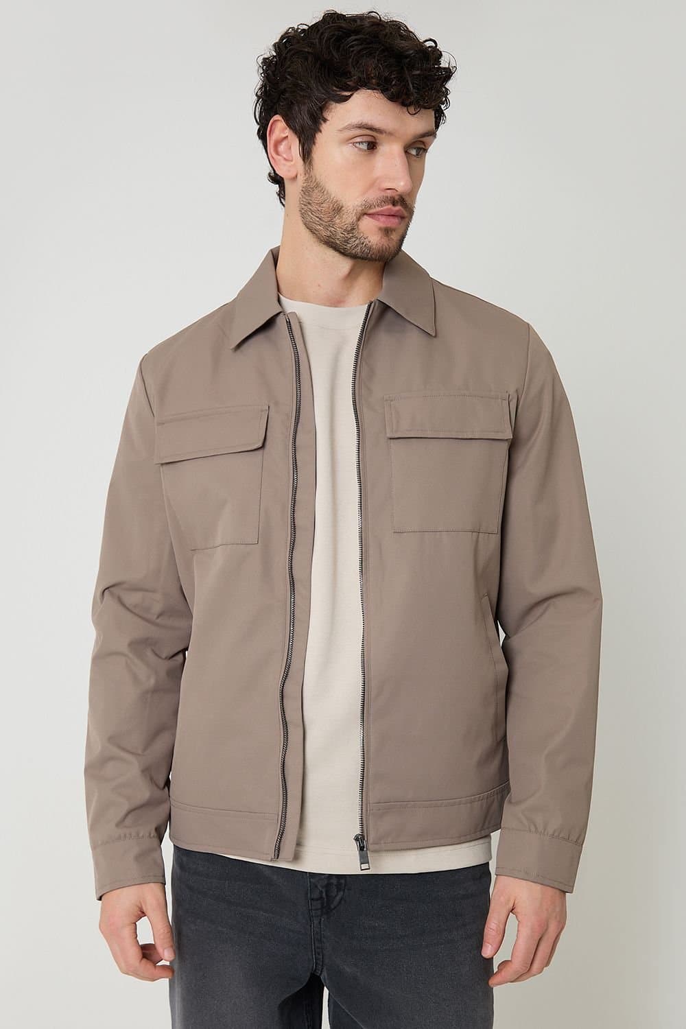 Threadbare Threadbare Men's Showerproof Lightweight Zip Up Jacket in Taupe