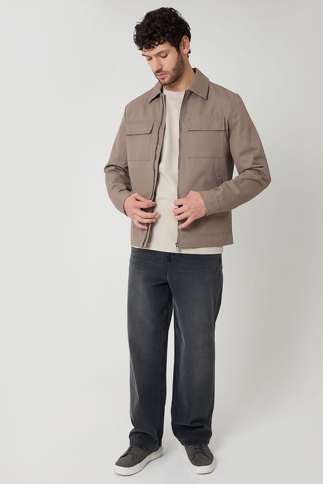 Threadbare Threadbare Men's Showerproof Lightweight Zip Up Jacket in Taupe - 3