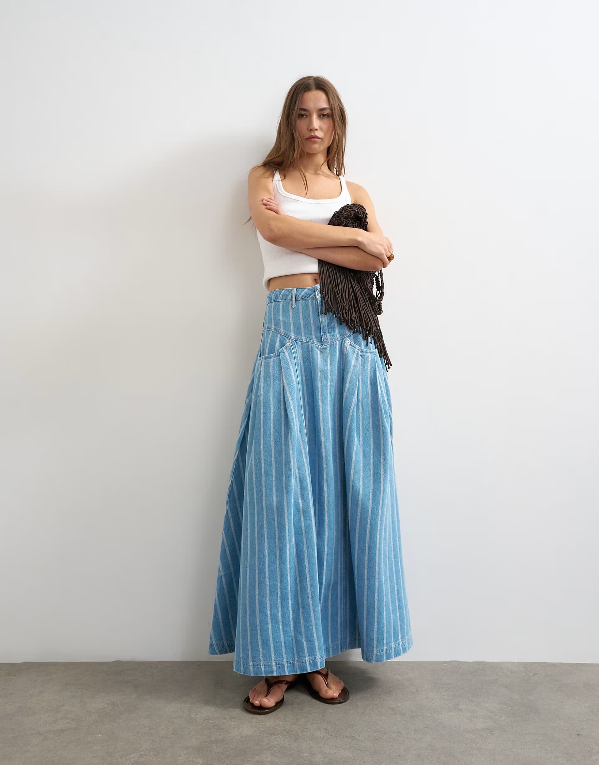 ASOS Topshop denim pleated yoke maxi skirt in stripe