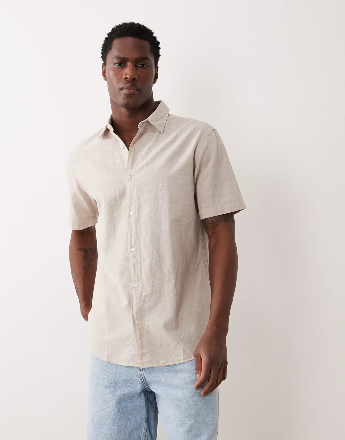 ASOS Jack & Jones short sleeve linen blend shirt in beige - 1