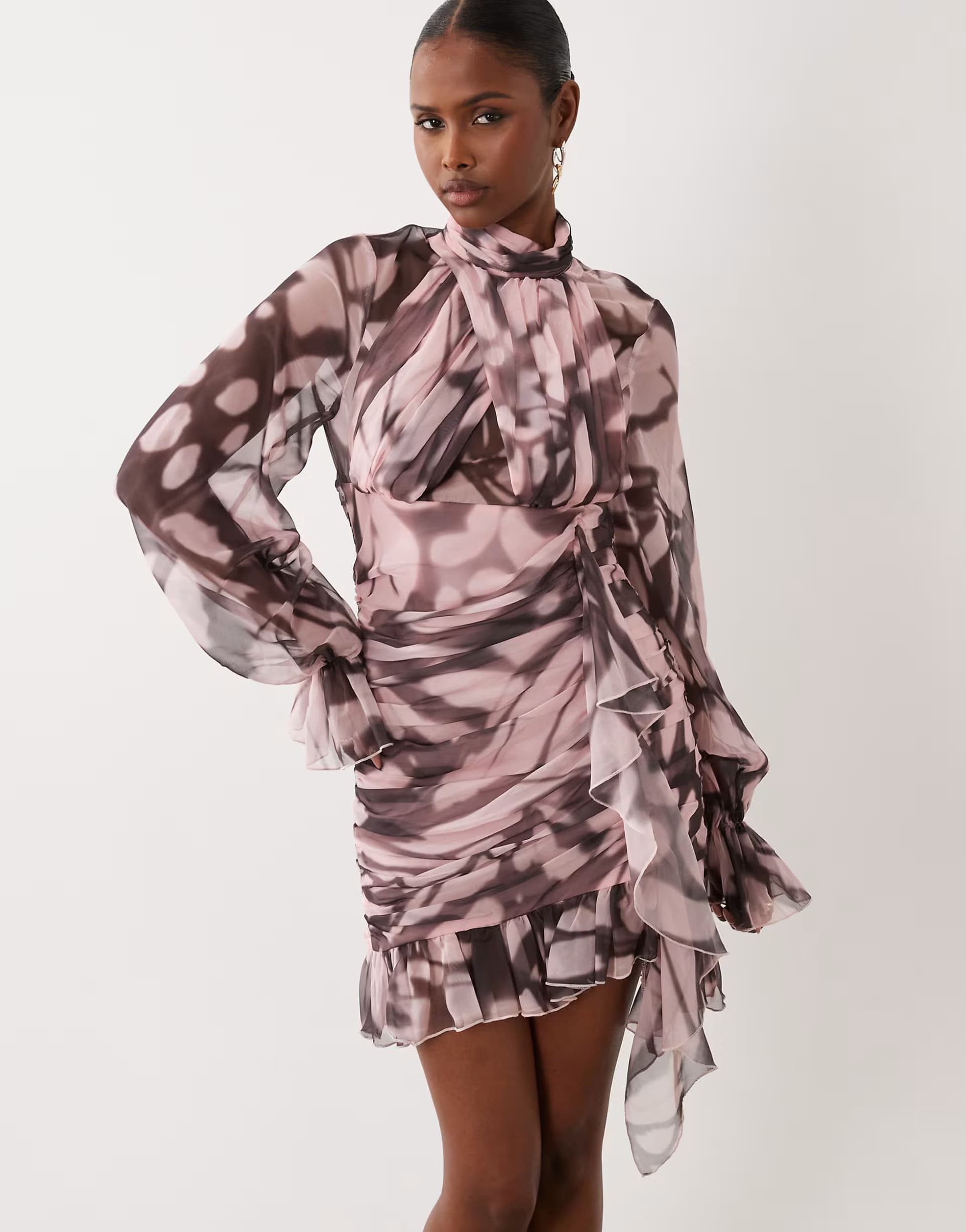 ASOS ASOS LUXE organza ruffle long sleeve mini dress in blurred print
