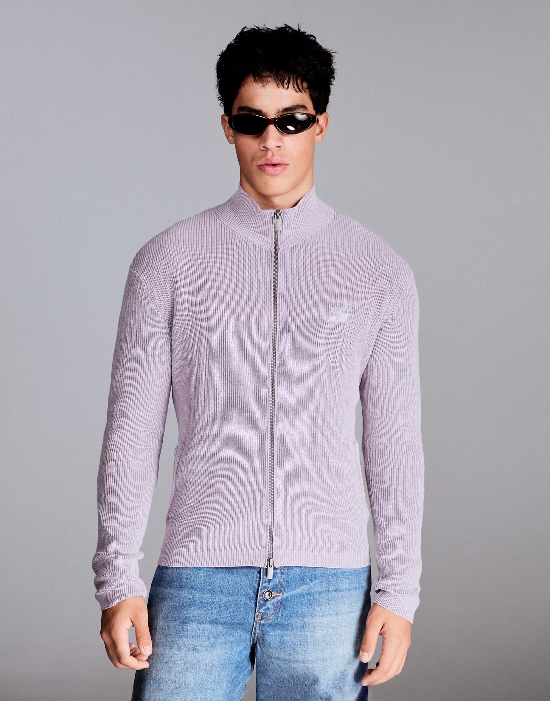 ASOS Bershka Ribbed zip-up fitted jacket in purple