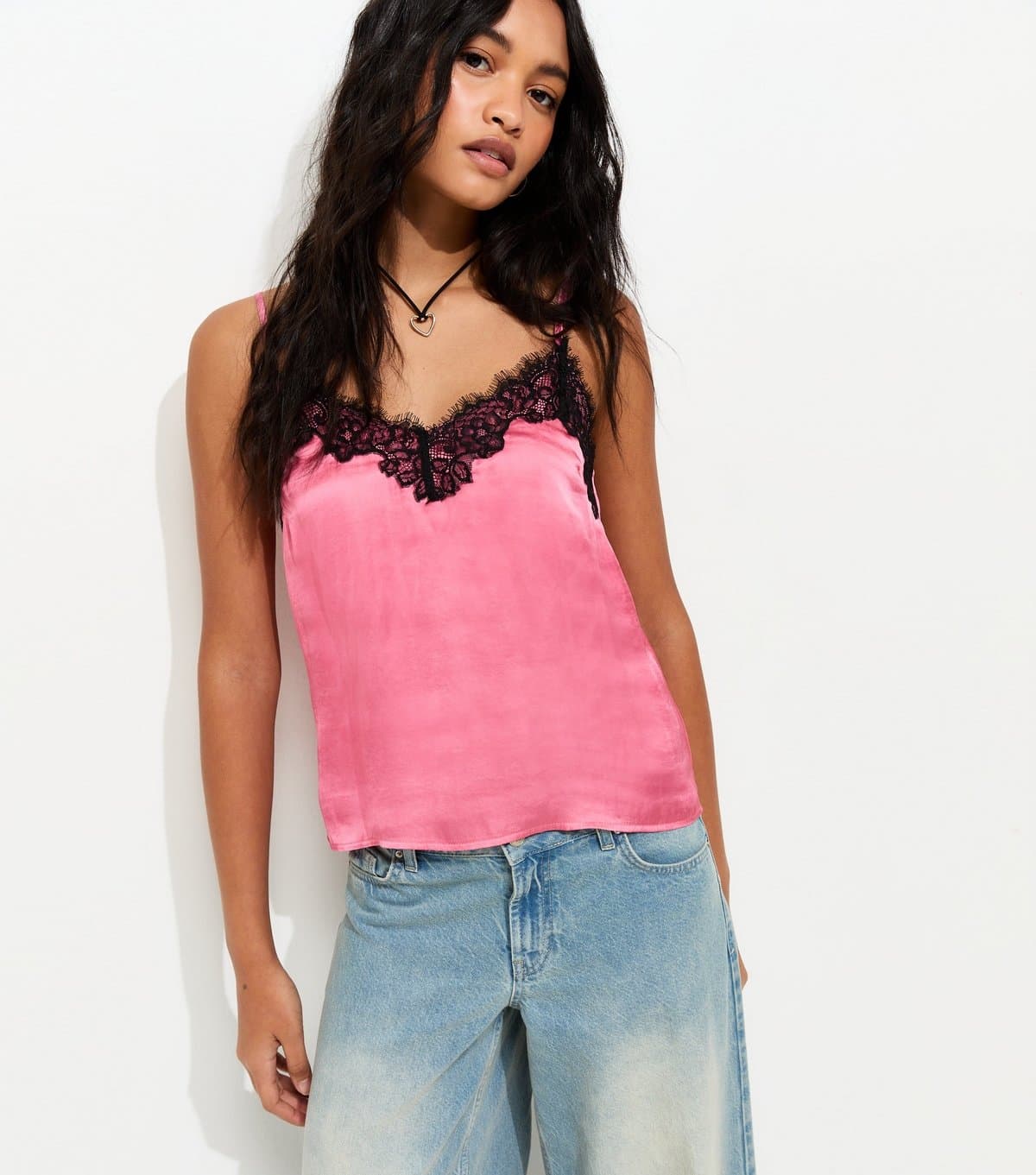 New Look Women's Pink Lace Neck Cami Top New Look