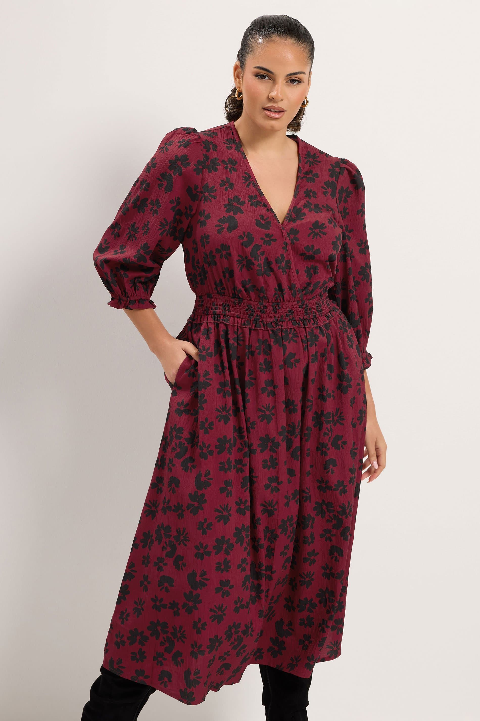 Yours Plus Size Burgundy Red Vneck Floral Tea Dress