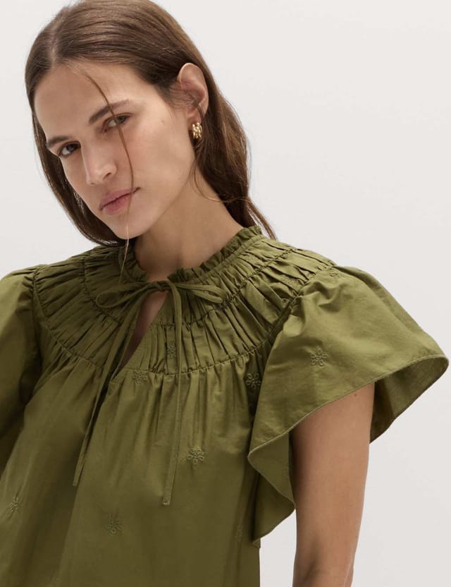 Marks & Spencer M&S Pure Cotton Embroidered Mini Smock Dress Dark Green - 2