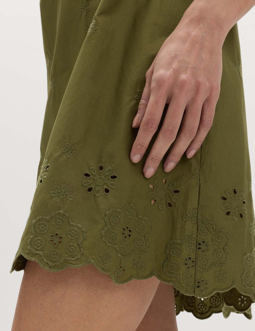 Marks & Spencer M&S Pure Cotton Embroidered Mini Smock Dress Dark Green - 4