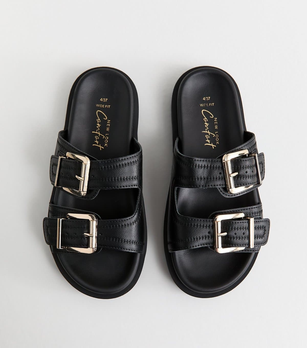 New Look Women's Wide Fit Black Faux Leather Double Strap Flat Mules Vegan New Look