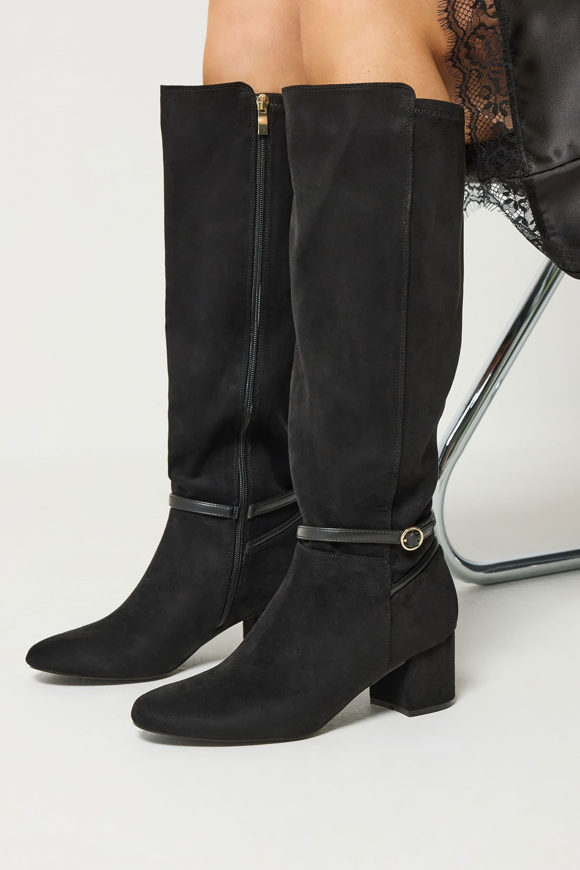 Long Tall Sally Long Tall Sally Women's Buckle Detail Knee High Boots In Standard Fit in Black