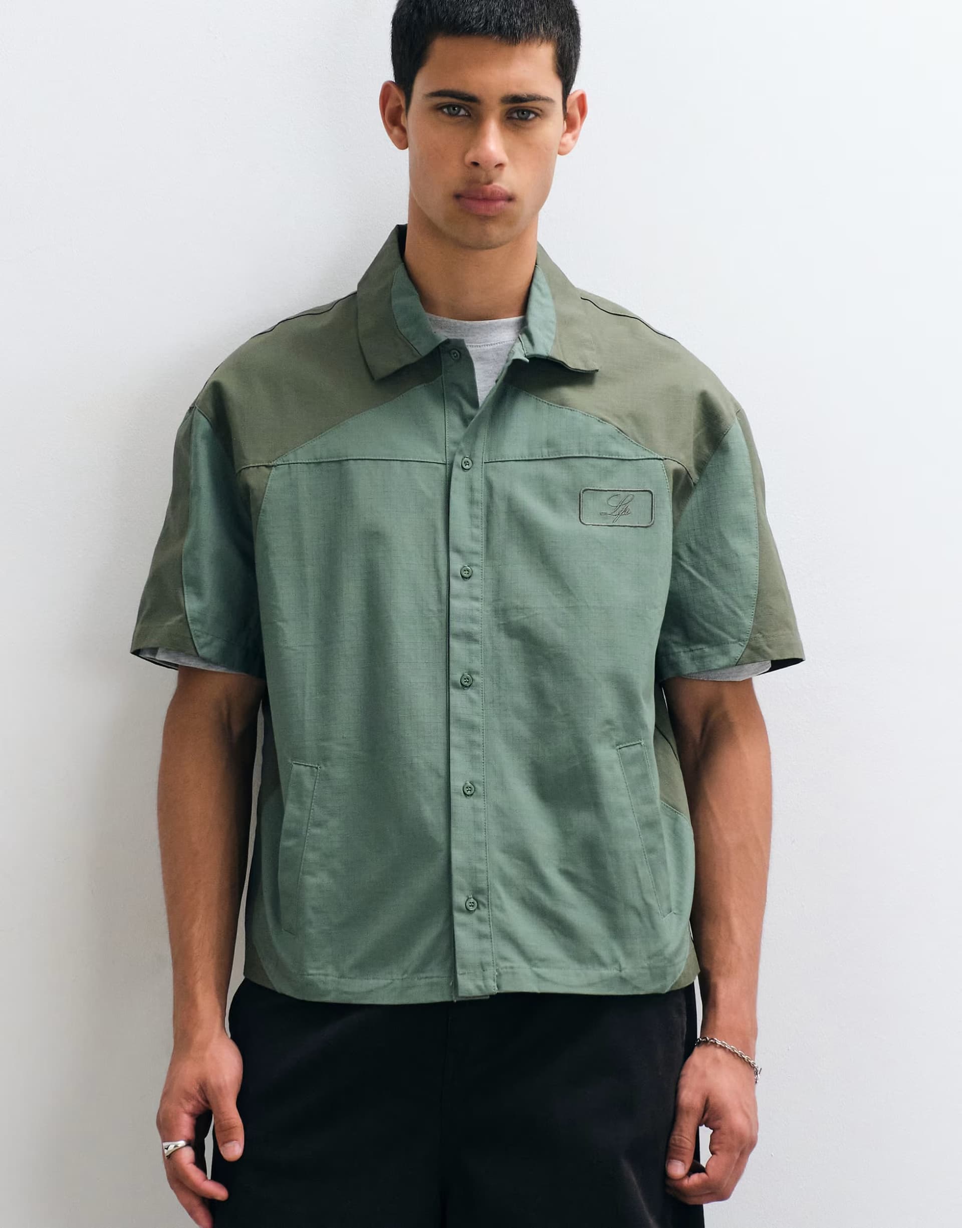 ASOS Liquor N Poker panel detail motocross shirt in khaki
