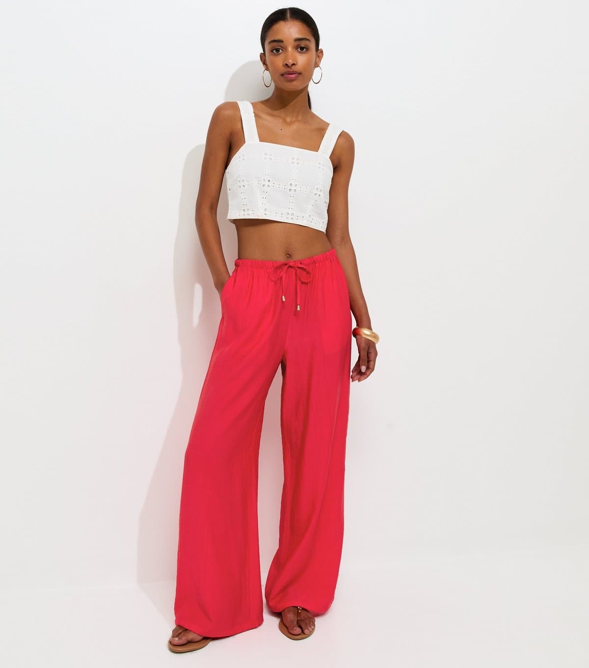 New Look Women's Bright Red Crinkle Wide Leg Trousers New Look