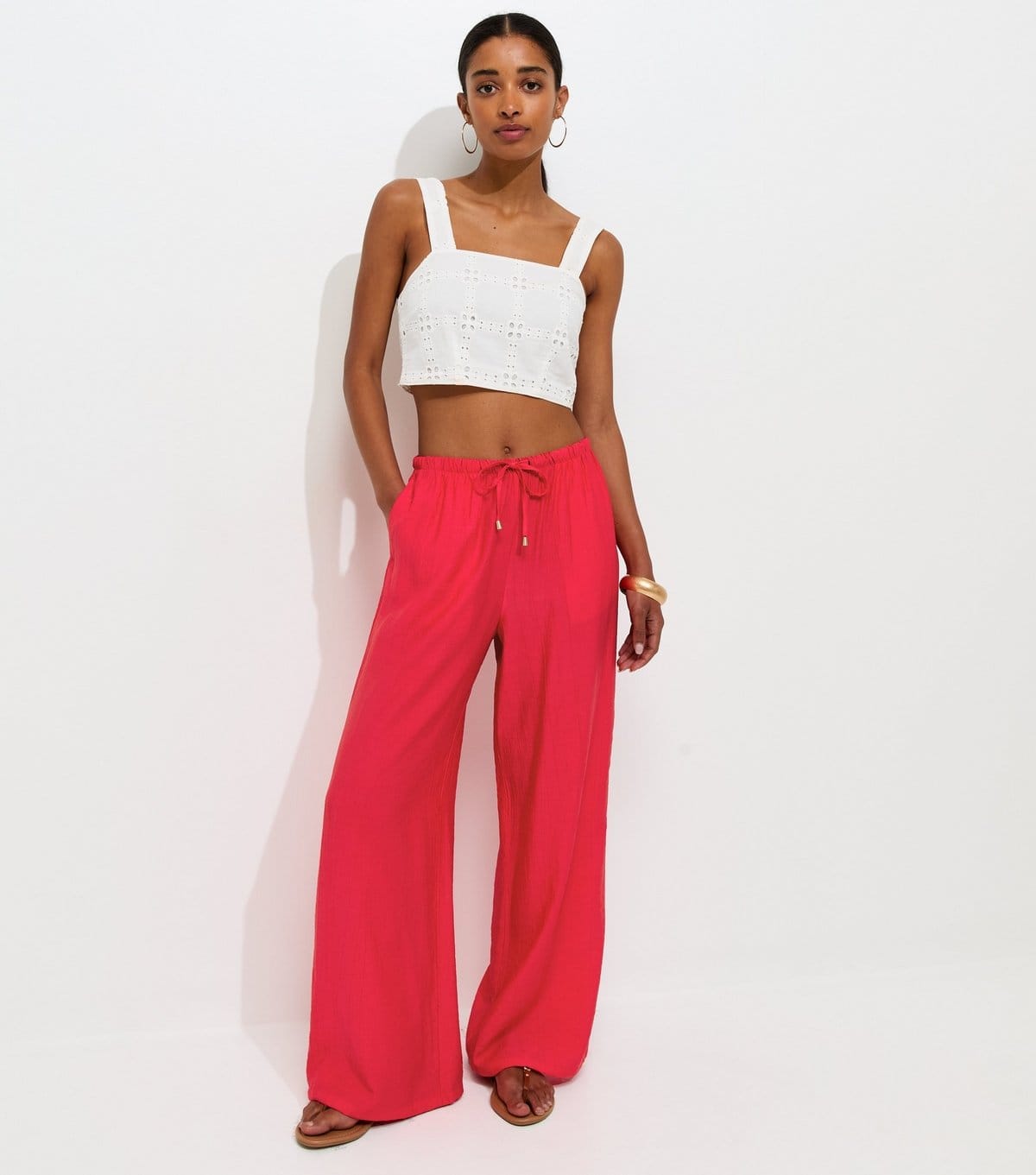 New Look Bright Red Crinkle Wide Leg Trousers