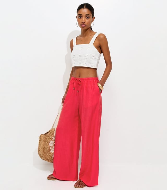 New Look Women's Bright Red Crinkle Wide Leg Trousers New Look - 3