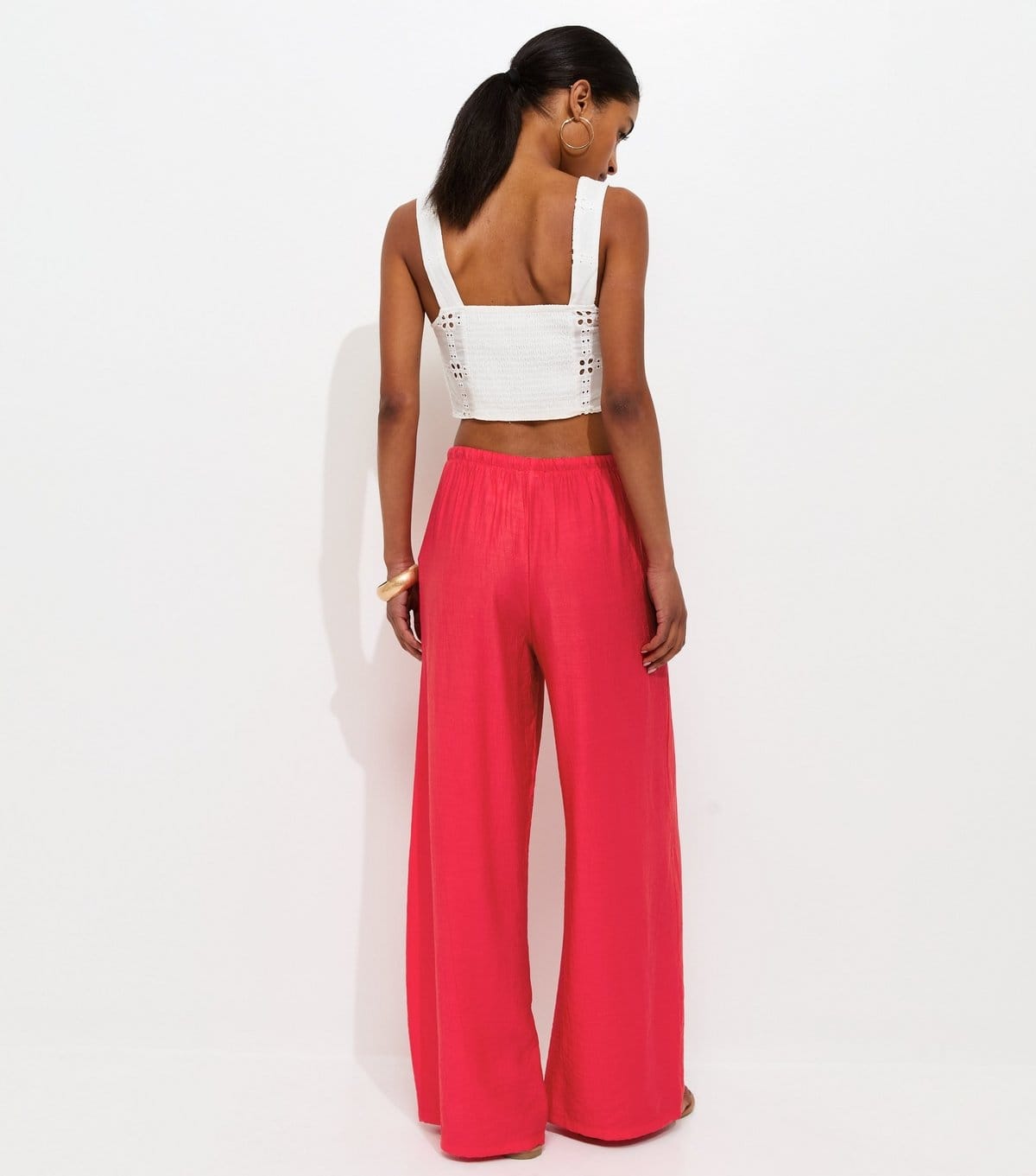 New Look Women's Bright Red Crinkle Wide Leg Trousers New Look - 4