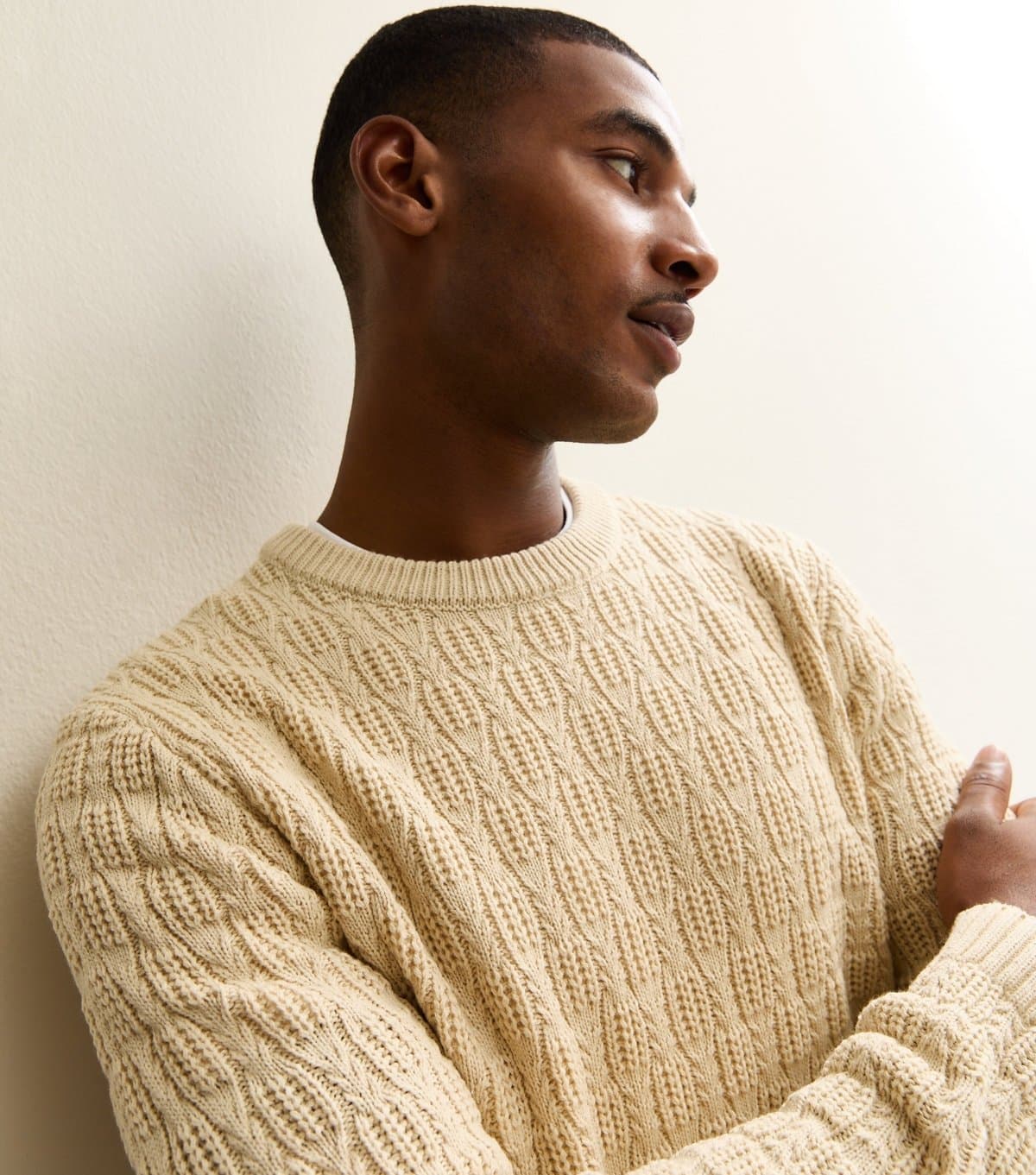 New Look Men's Cream Regular Textured Crew Neck Jumper New Look