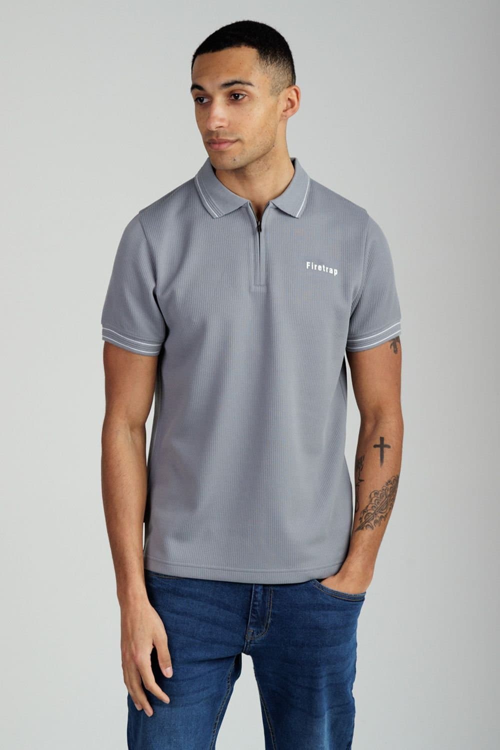 Firetrap Firetrap Men's Regular Fit Textured Zip Up Polo Shirt in Dark Grey