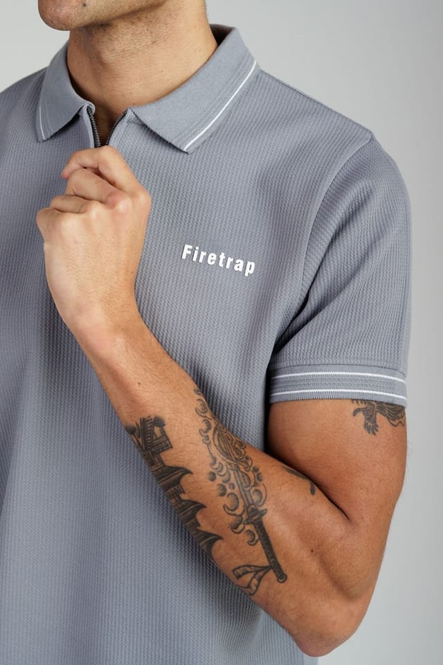 Firetrap Firetrap Men's Regular Fit Textured Zip Up Polo Shirt in Dark Grey - 3
