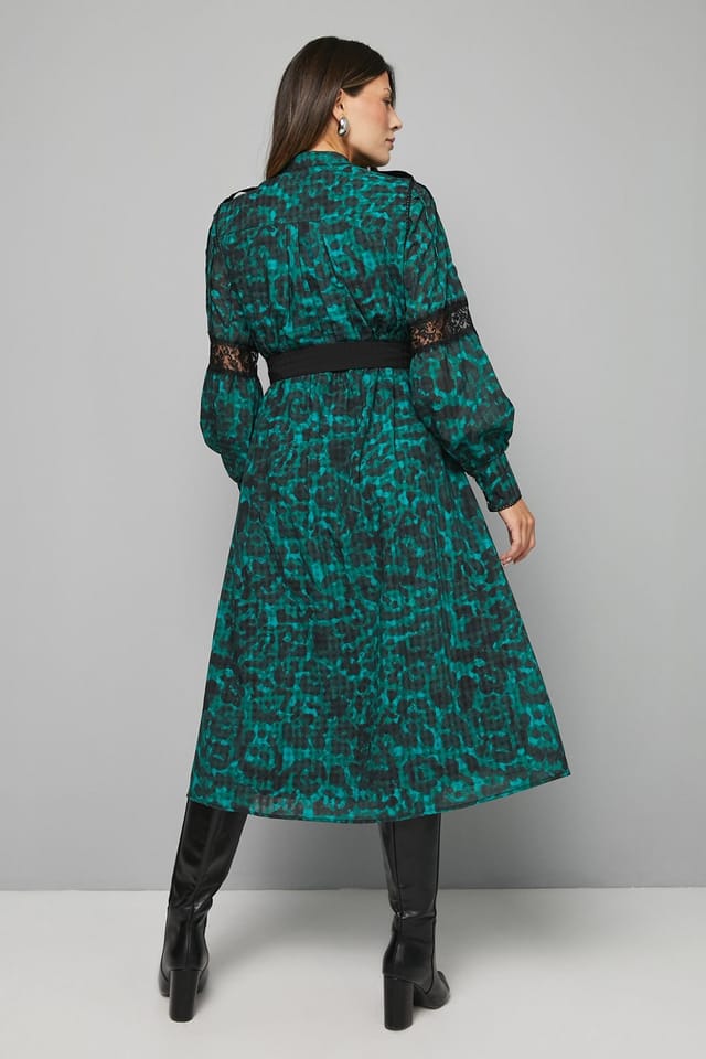Wallis Wallis Women's Leopard Print Button Midi Dress in Emerald - 3