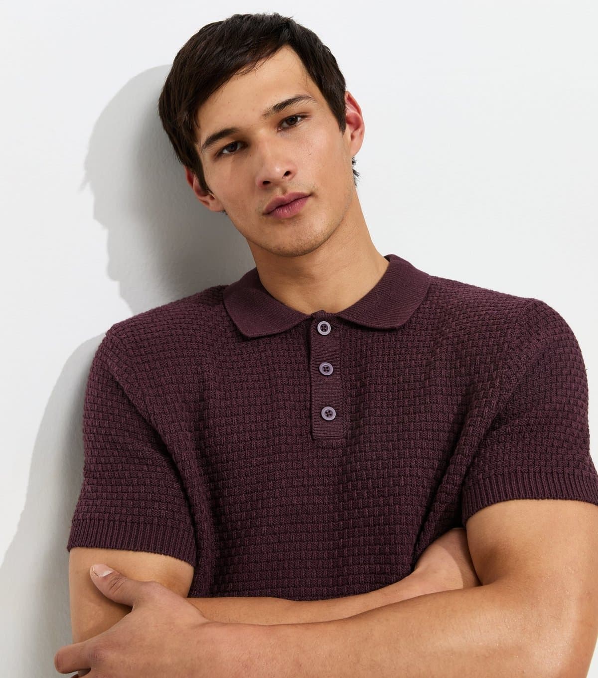 New Look Men's Dark Purple Cotton Rich Basket Knit Buttoned Polo Shirt New Look