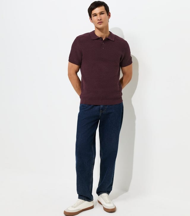 New Look Men's Dark Purple Cotton Rich Basket Knit Buttoned Polo Shirt New Look - 2
