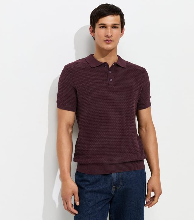 New Look Men's Dark Purple Cotton Rich Basket Knit Buttoned Polo Shirt New Look - 3