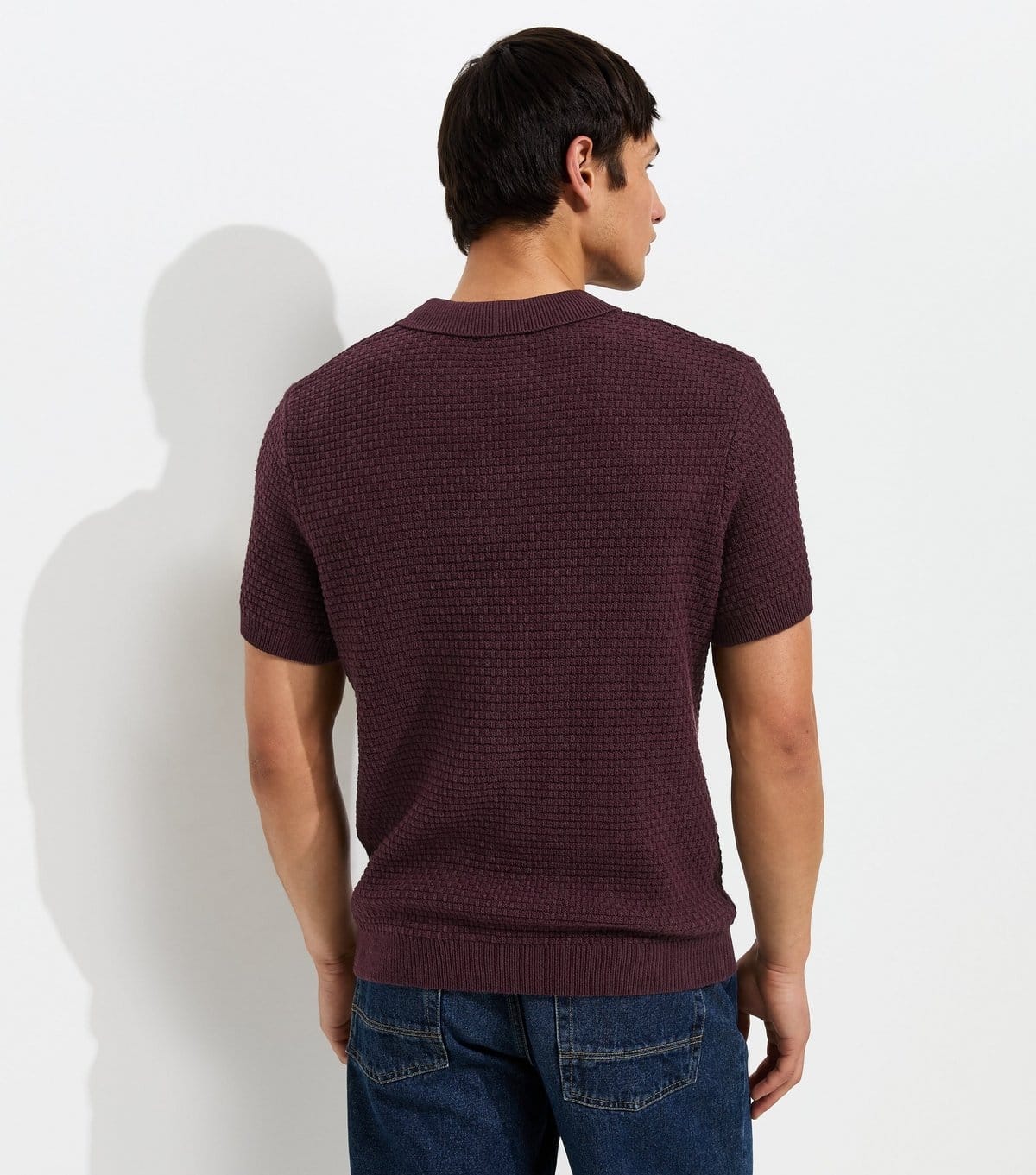 New Look Men's Dark Purple Cotton Rich Basket Knit Buttoned Polo Shirt New Look - 4