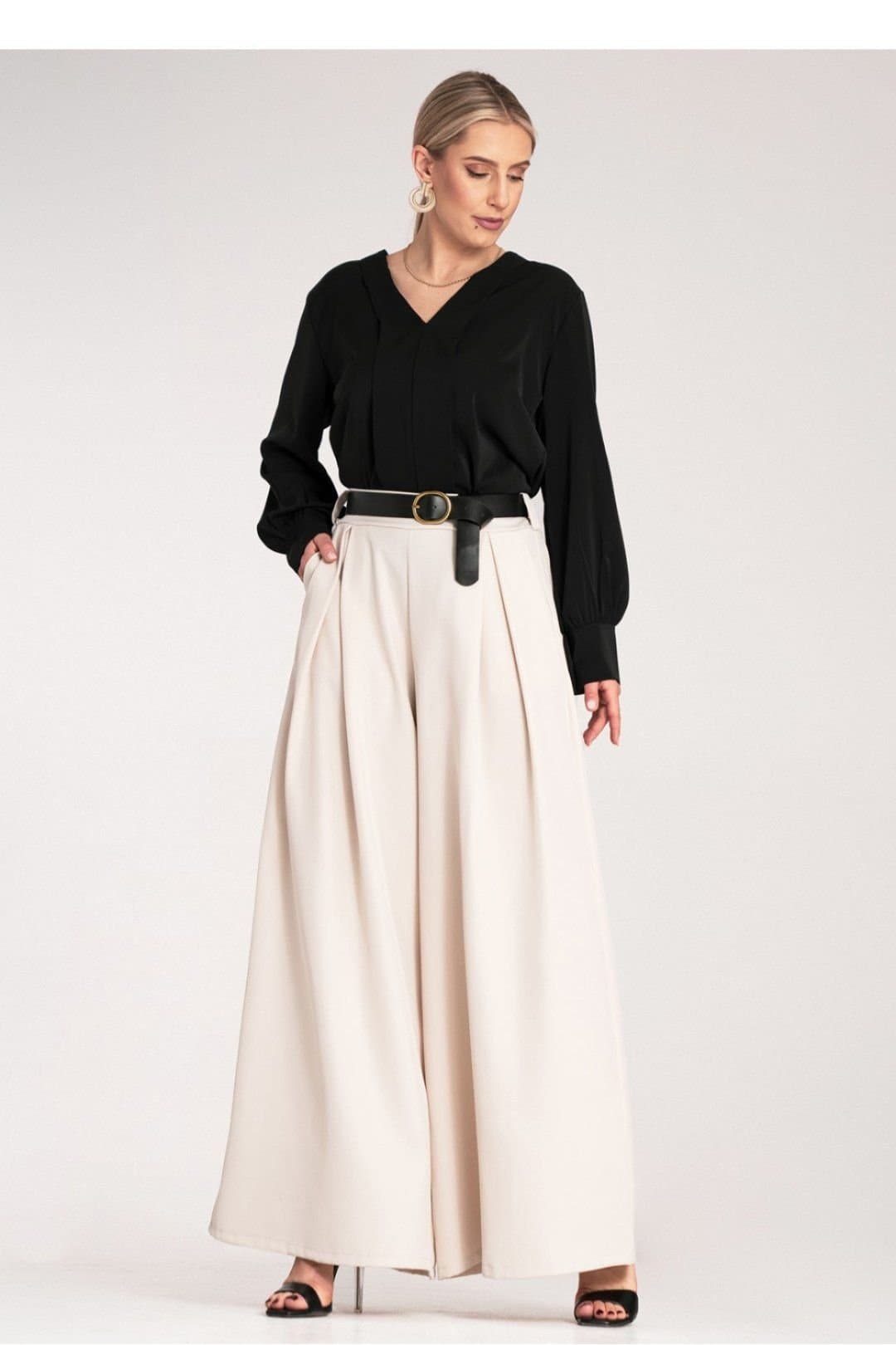 Love Lace Love Lace Women's High Waist Palazzo Pants with Black Belt in Beige