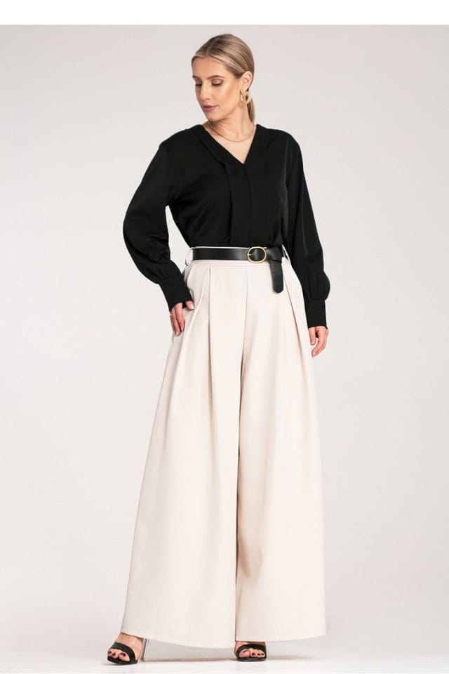 Love Lace Love Lace Women's High Waist Palazzo Pants with Black Belt in Beige - 2