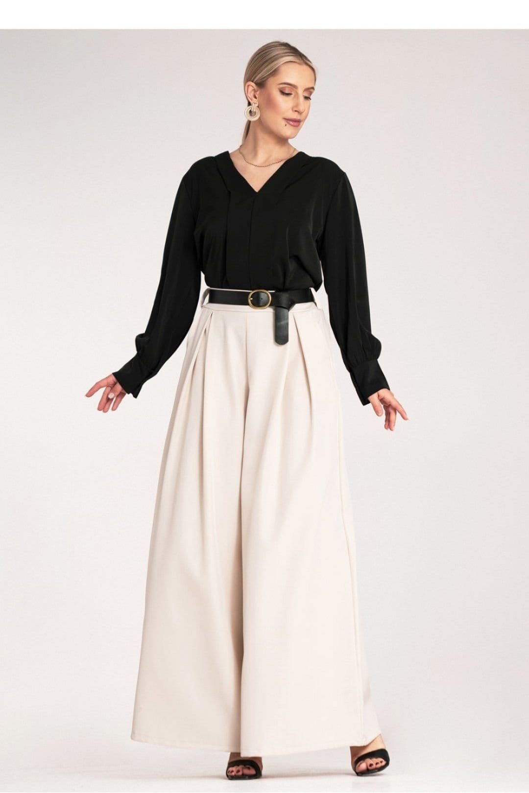 Love Lace Love Lace Women's High Waist Palazzo Pants with Black Belt in Beige - 4