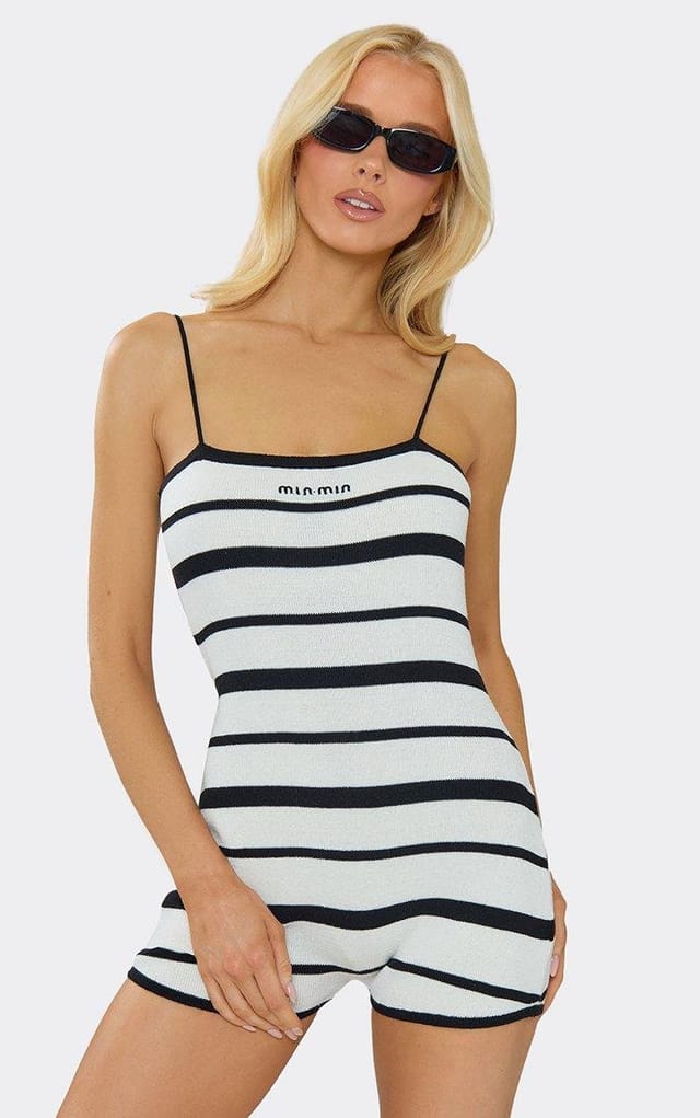 EGO Strappy Min Min Playsuit In White Stripe Knit, Women's Size UK L - 2