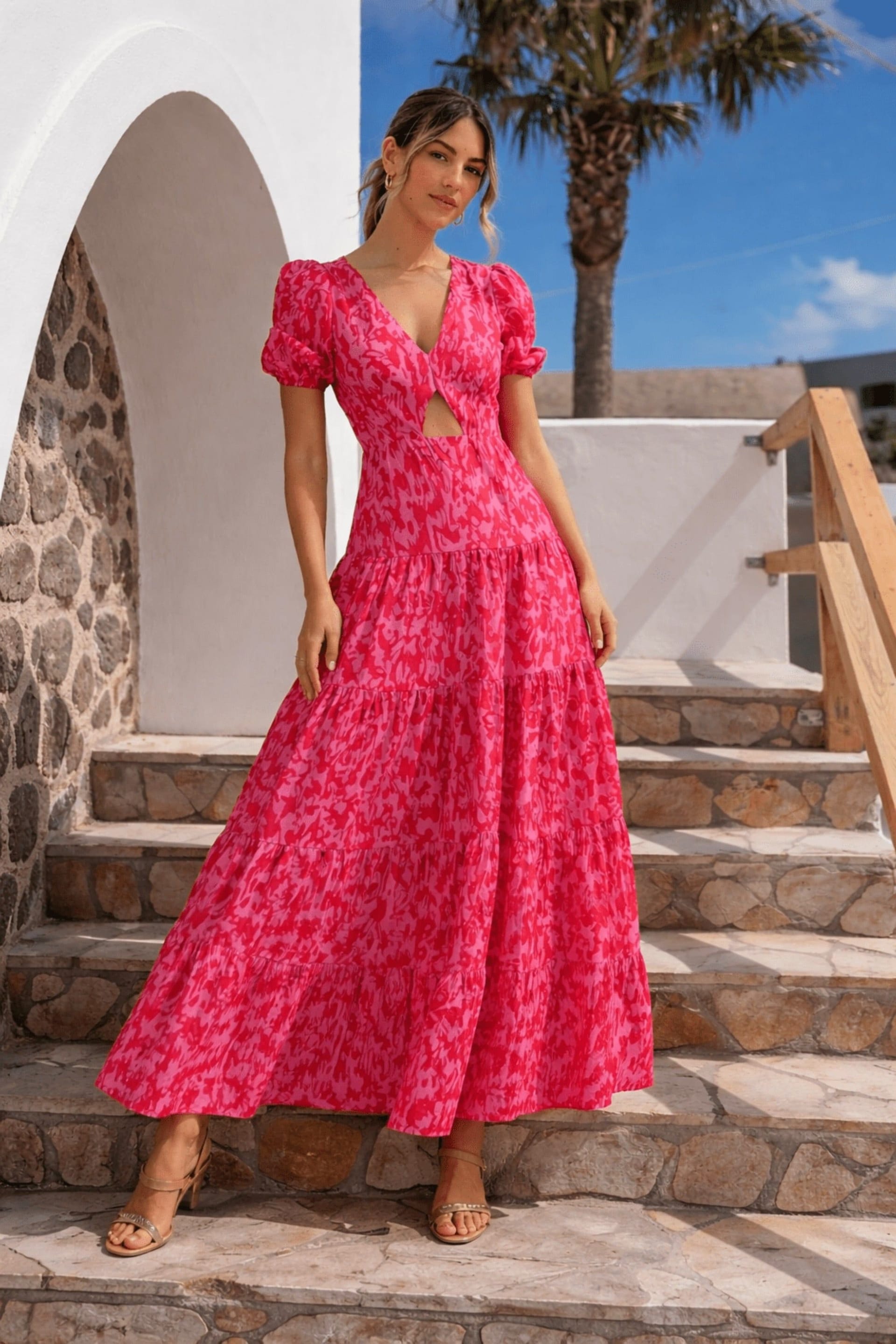 Style Cheat Pink Animal Print Tiered Cutout Maxi Dress