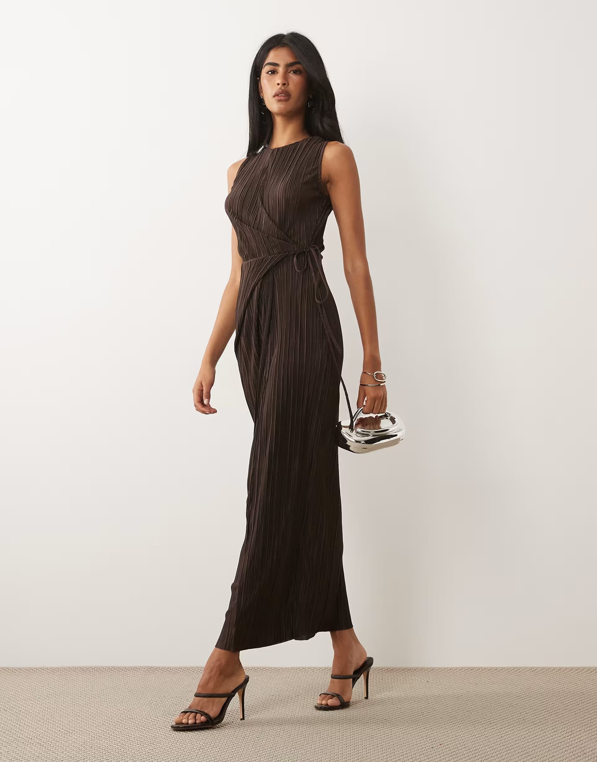 ASOS ASOS DESIGN plisse sleeveless wrap tie front maxi dress in brown