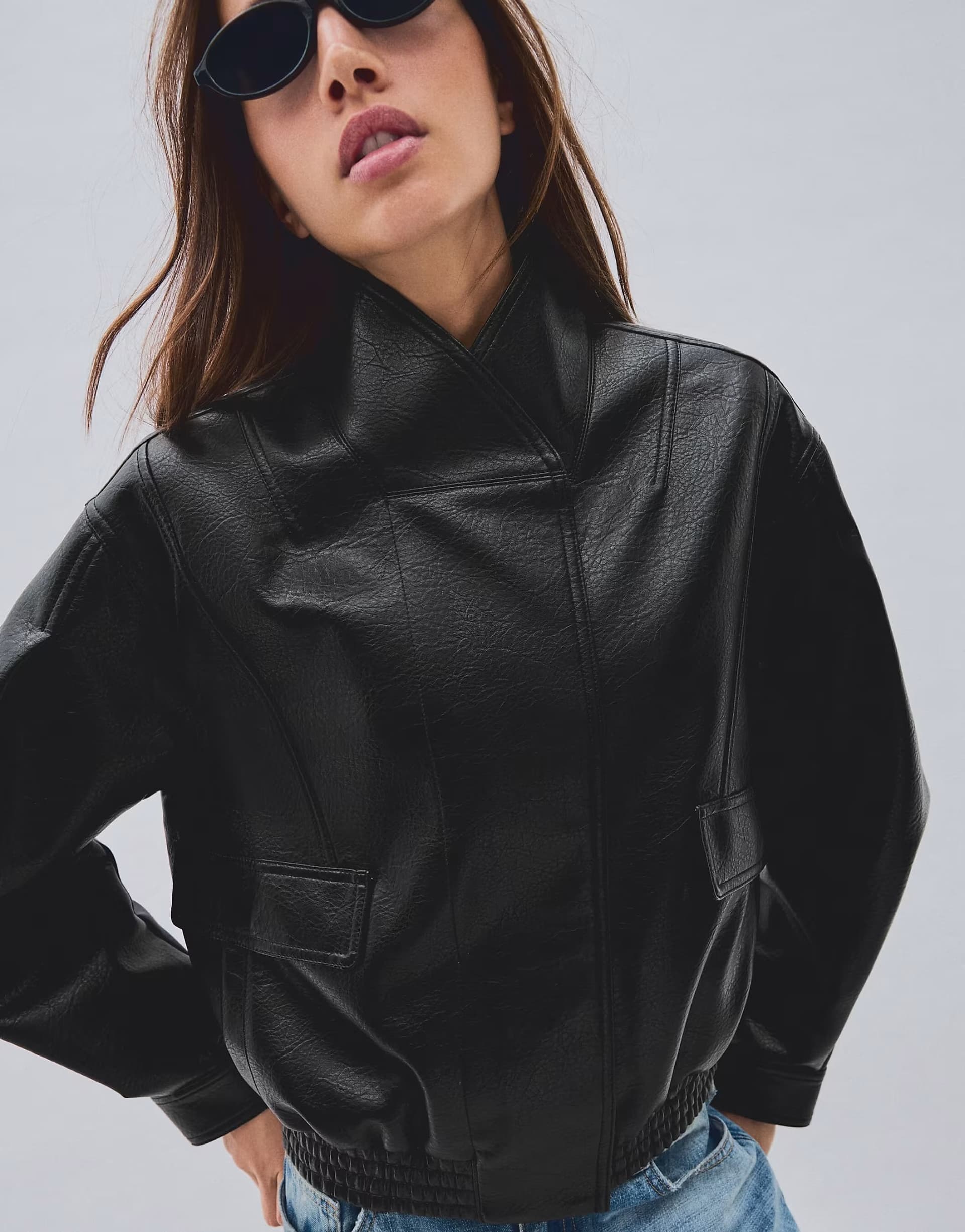 ASOS Bershka Oversize leather effect jacket with crossover collar in black