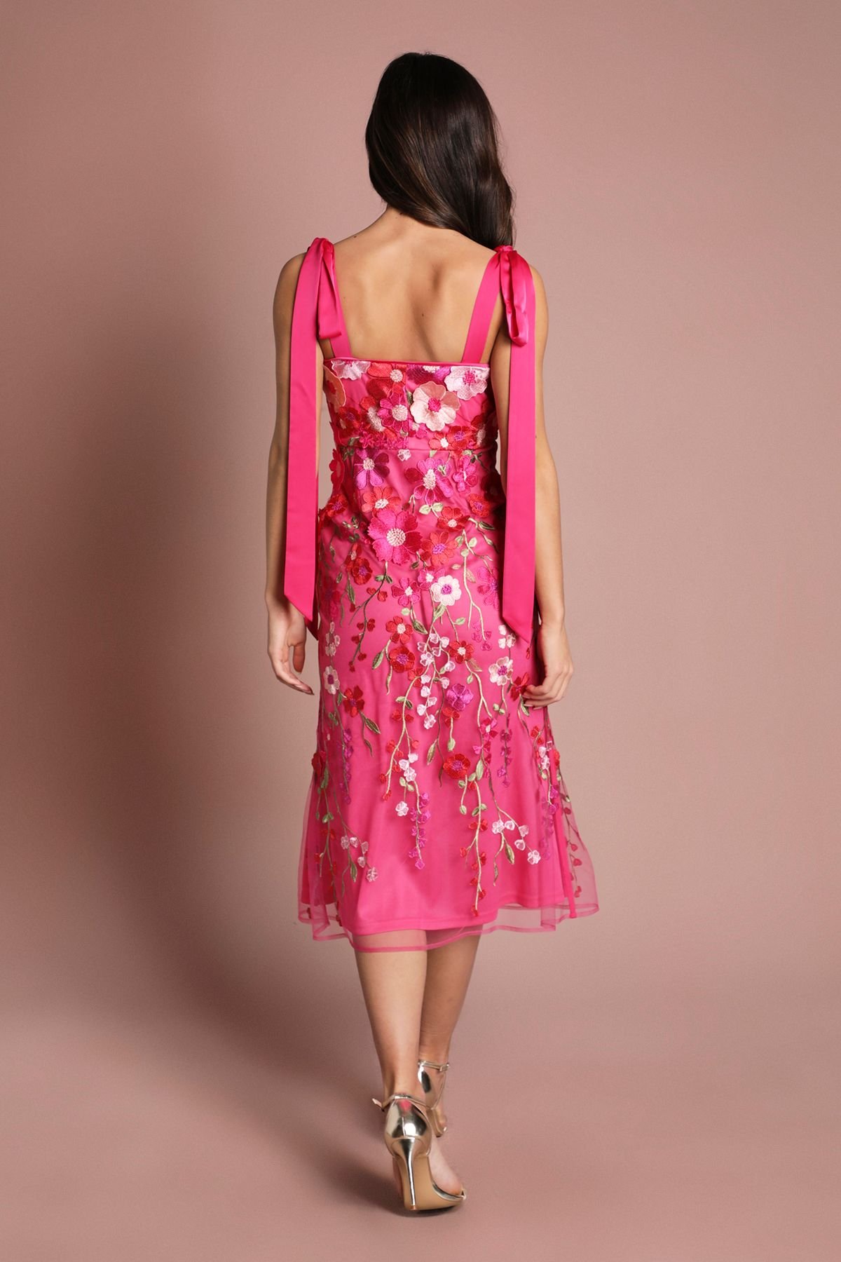 Coast Coast Women's Muse 3D Floral Mesh With Tie Shoulder Midi Dress in Hot Pink - 3