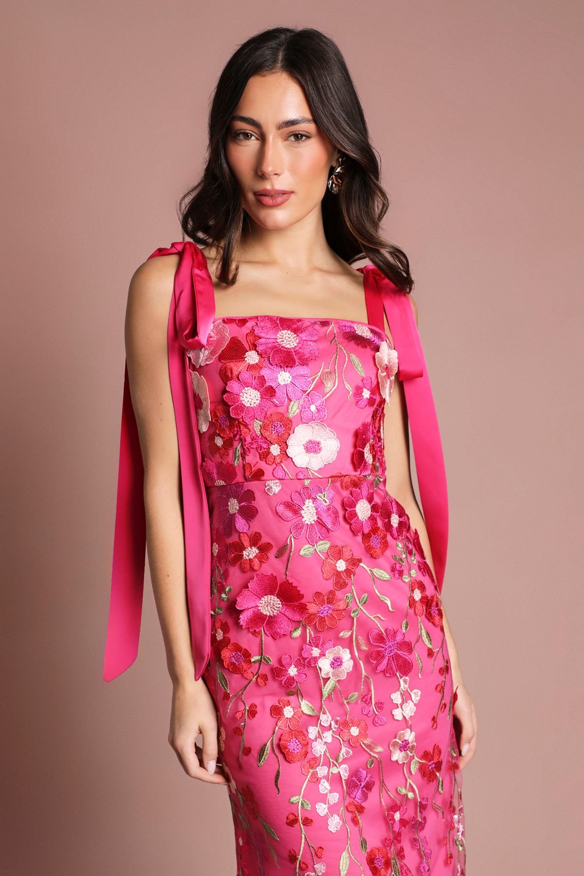 Coast Coast Women's Muse 3D Floral Mesh With Tie Shoulder Midi Dress in Hot Pink - 4